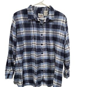 New Addition Maternity Plaid Flannel Shirt Women's Large Blue White Long Sleeve